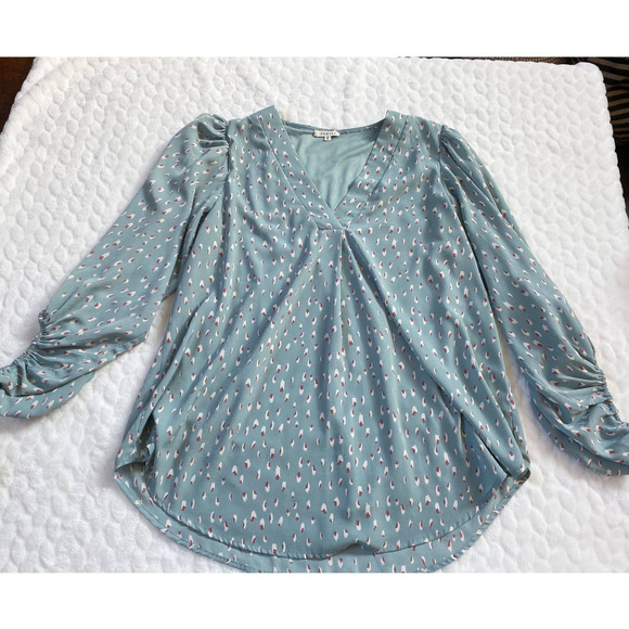 Mint Green Printed V-Neck Bubble long sleeve blouse - Picture 10 of 16